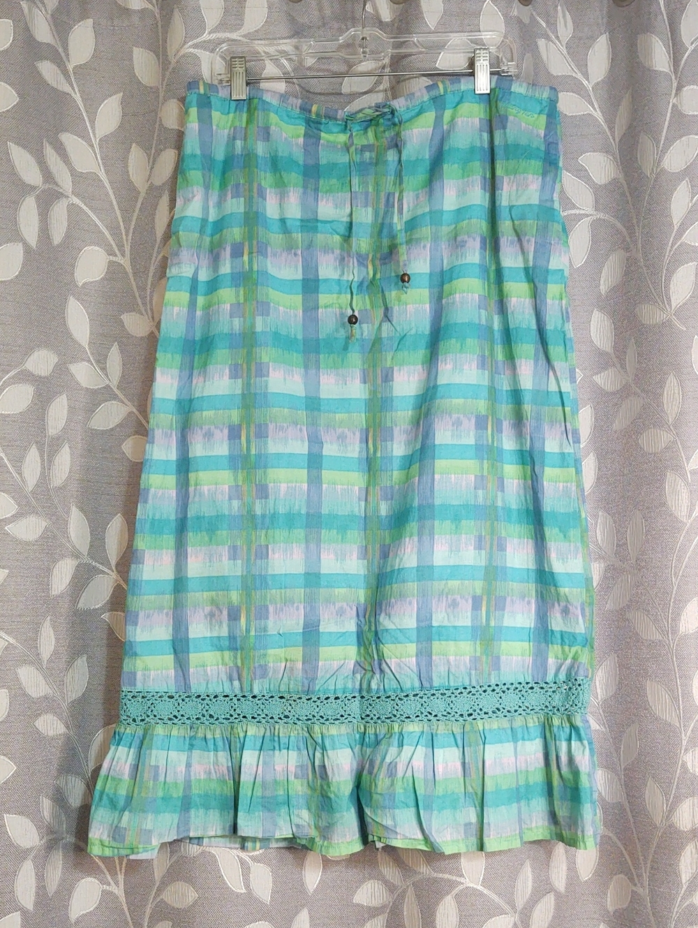 Vintage Hang Ten Light Blue & Mint Striped Maxi Skirt with Crochet Trim size M
